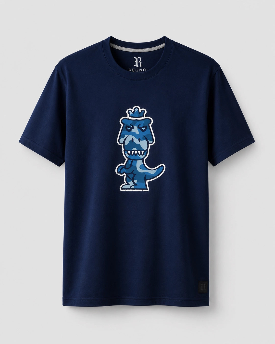 Navy blue Regno T-Rex Aeris pima cotton t-shirt with luxury blue camo T-Rex graphic, product flat lay