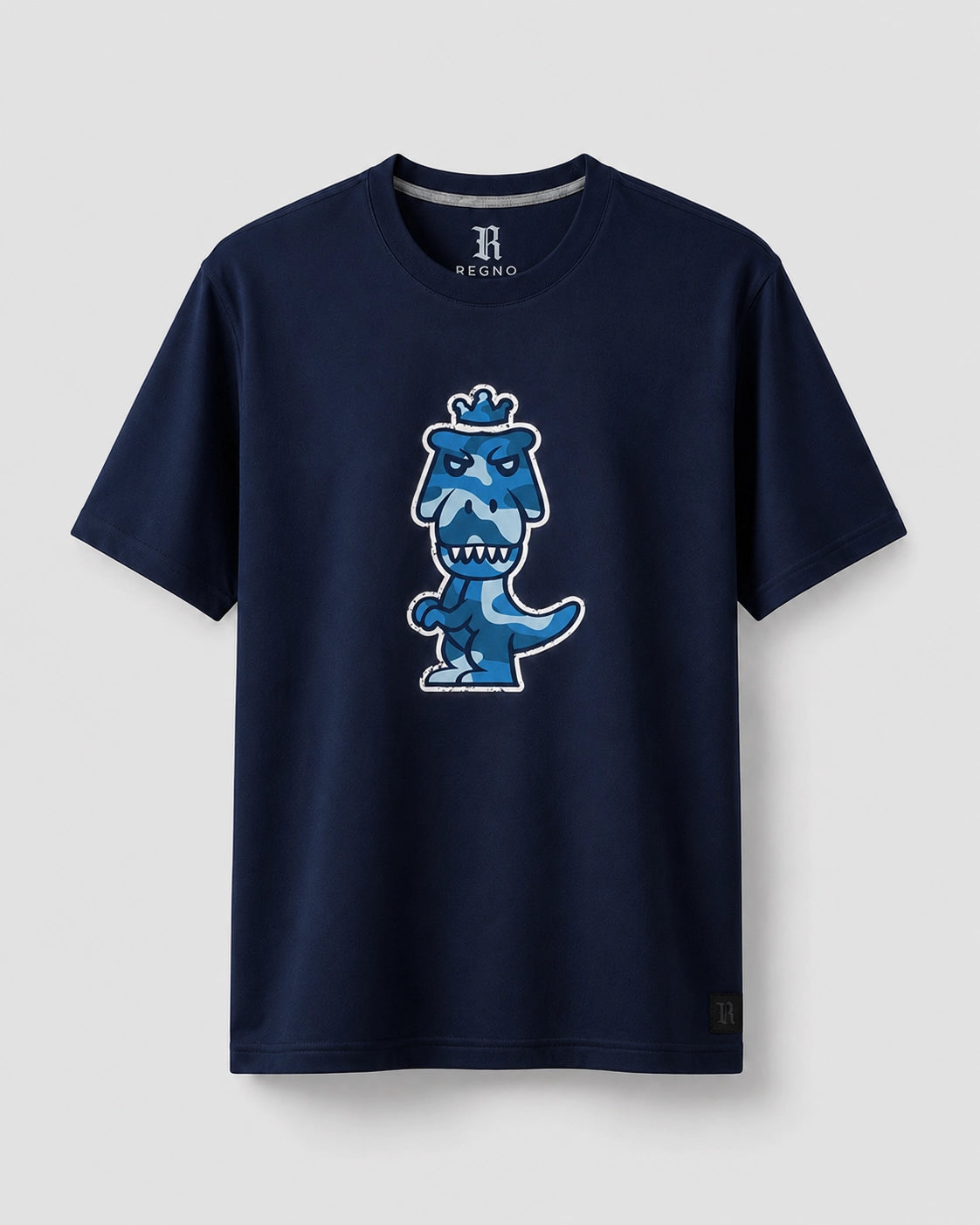 Navy blue Regno T-Rex Aeris pima cotton t-shirt with luxury blue camo T-Rex graphic, product flat lay