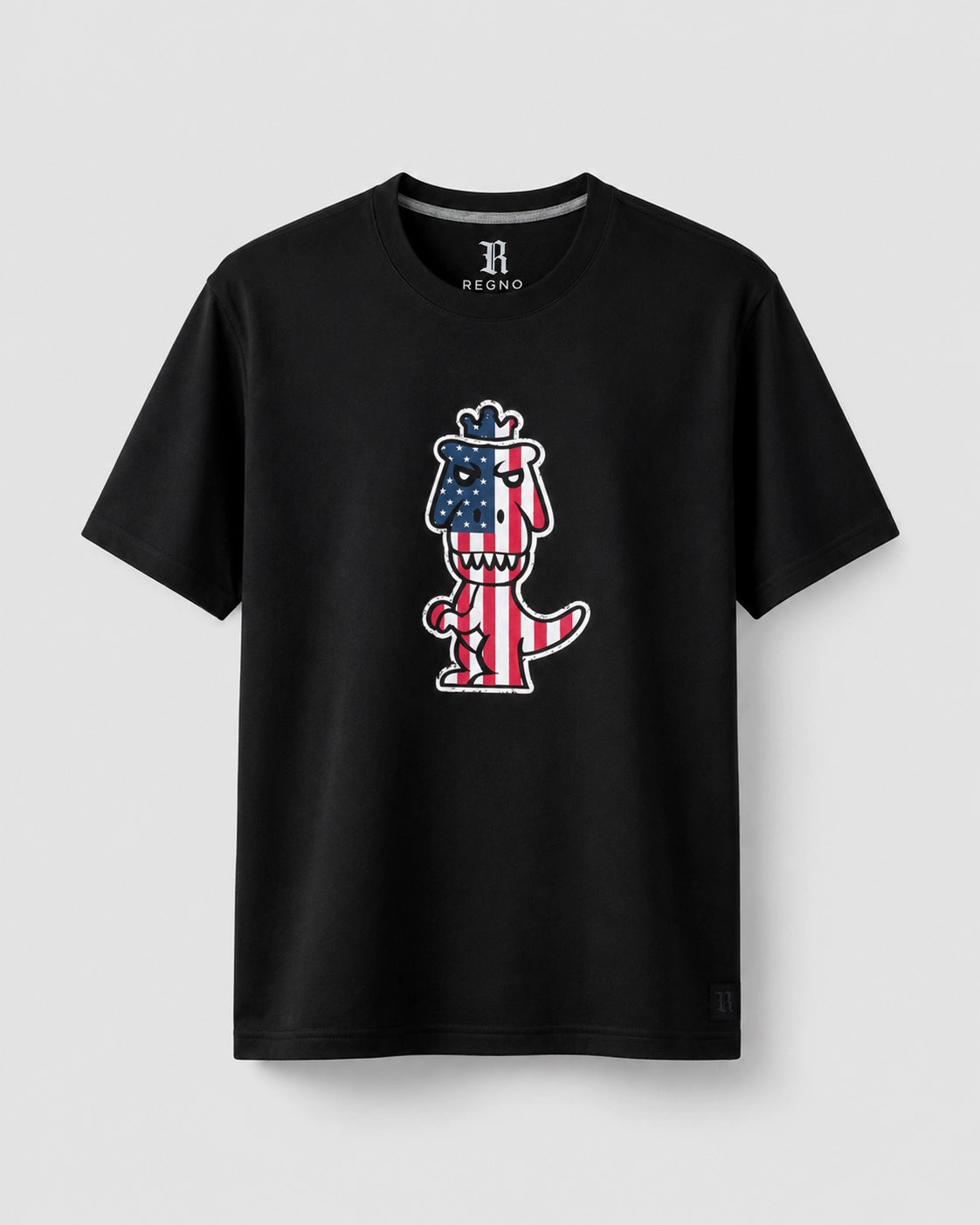 Black Regno T-Rex Libertatem pima cotton t-shirt with red white and blue American flag graphic, product flat lay