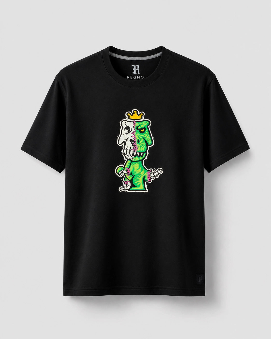 Black Regno T-Rex Osium pima cotton t-shirt with neon green skeleton punk T-Rex graphic, product flat lay