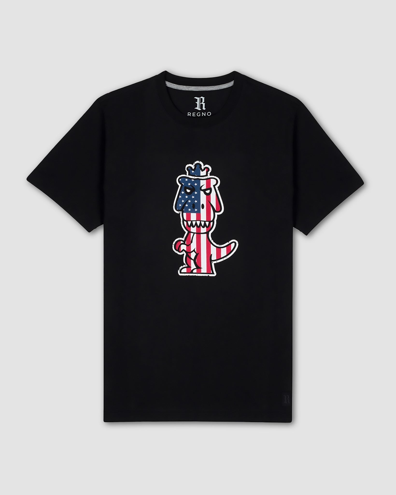 Black Regno T-Rex Libertatem pima cotton t-shirt with red white and blue American flag graphic, product flat lay