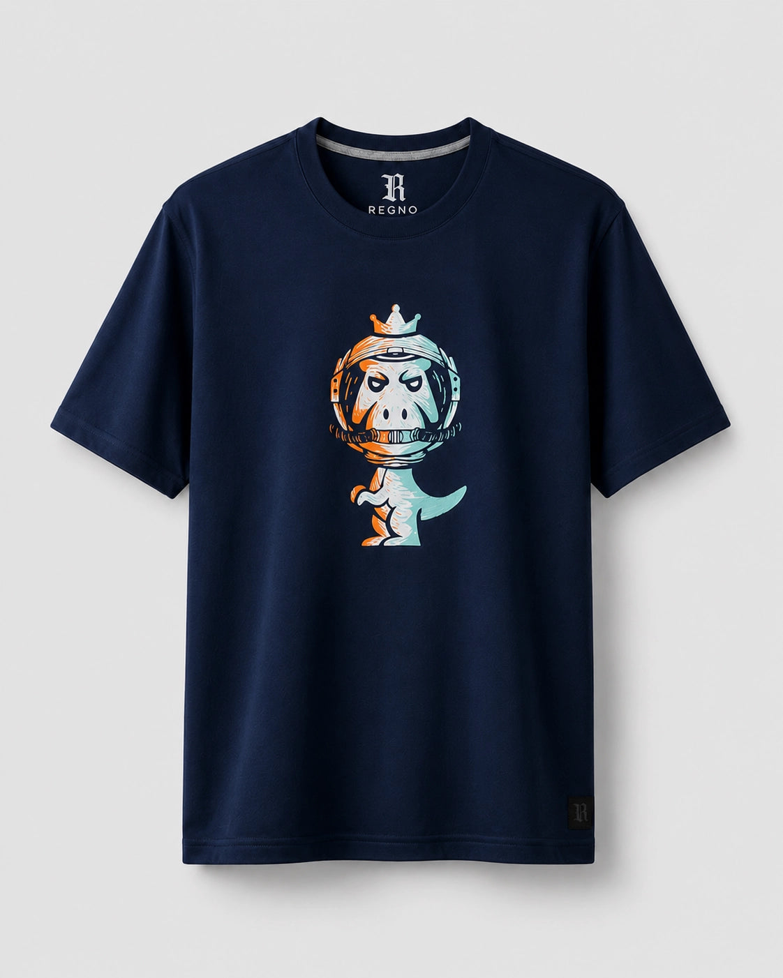 Navy blue Regno T-Rex Astro pima cotton t-shirt with cosmic orange white and blue astronaut T-Rex graphic, product flat lay
