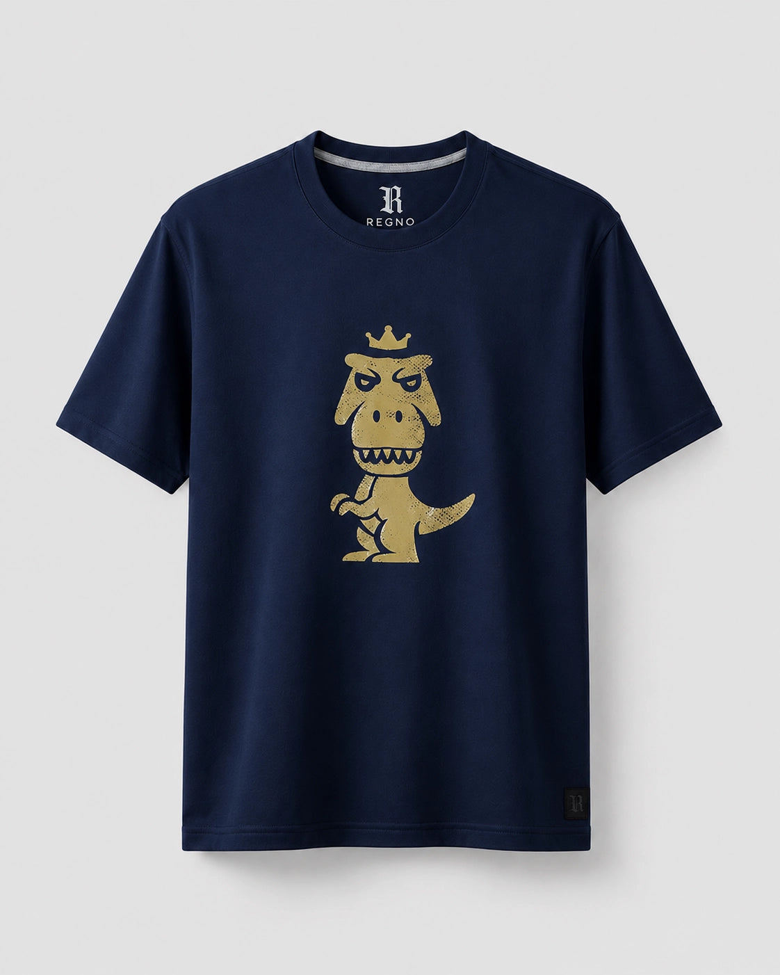 Navy blue Regno T-Rex Aurum pima cotton t-shirt with vintage gold T-Rex graphic, product flat lay