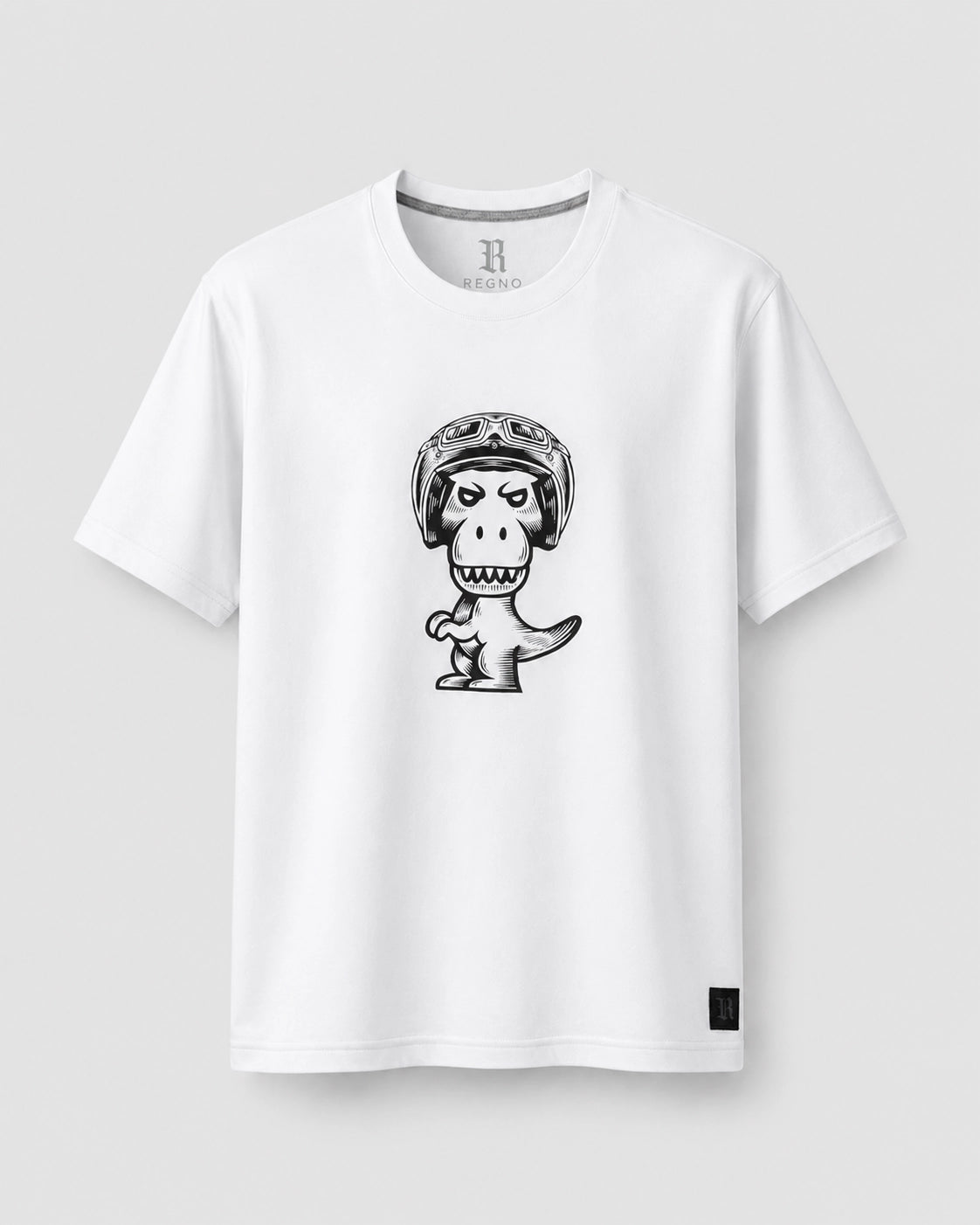 White Regno T-Rex Birota pima cotton t-shirt with black racing helmet T-Rex graphic, product flat lay