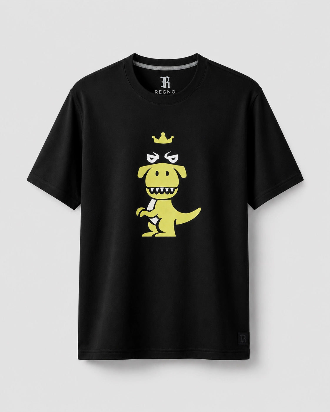Black Regno T-Rex Latro pima cotton t-shirt with lime green T-Rex graphic and black stripe, product flat lay