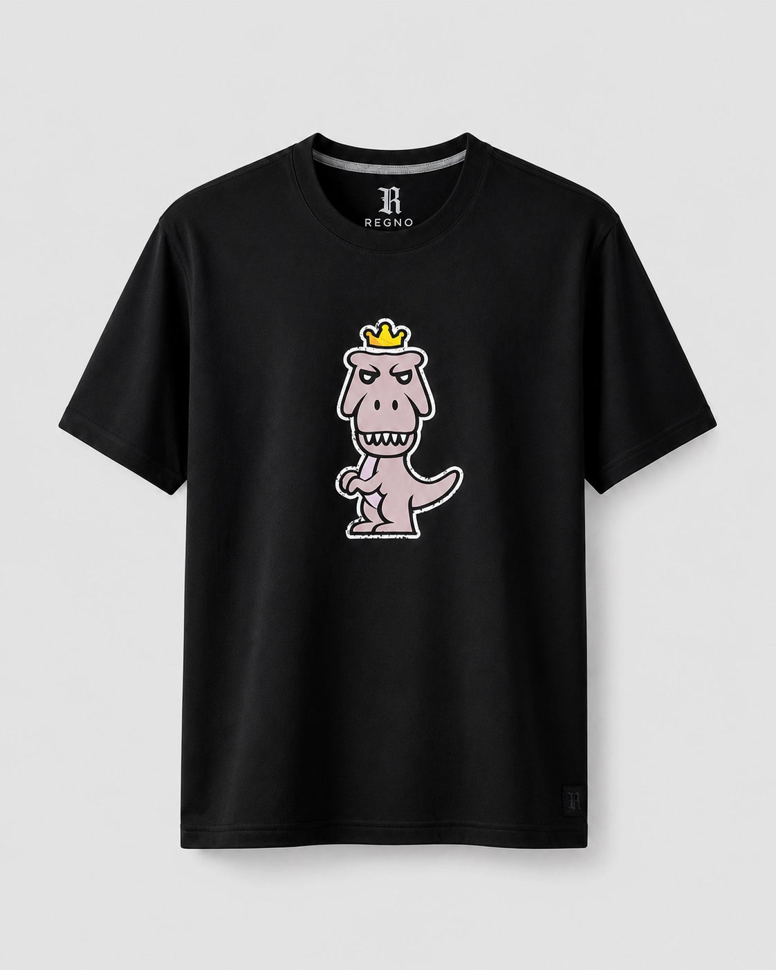 Black Regno Nudus T-Rex pima cotton luxury tee with minimalist pastel T-Rex graphic, product flat lay