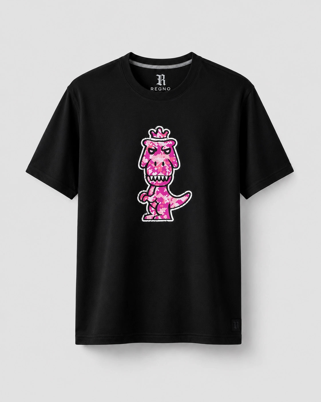 Black Regno T-Rex Rubesco pima cotton t-shirt with pink pixel arcade T-Rex graphic, product flat lay