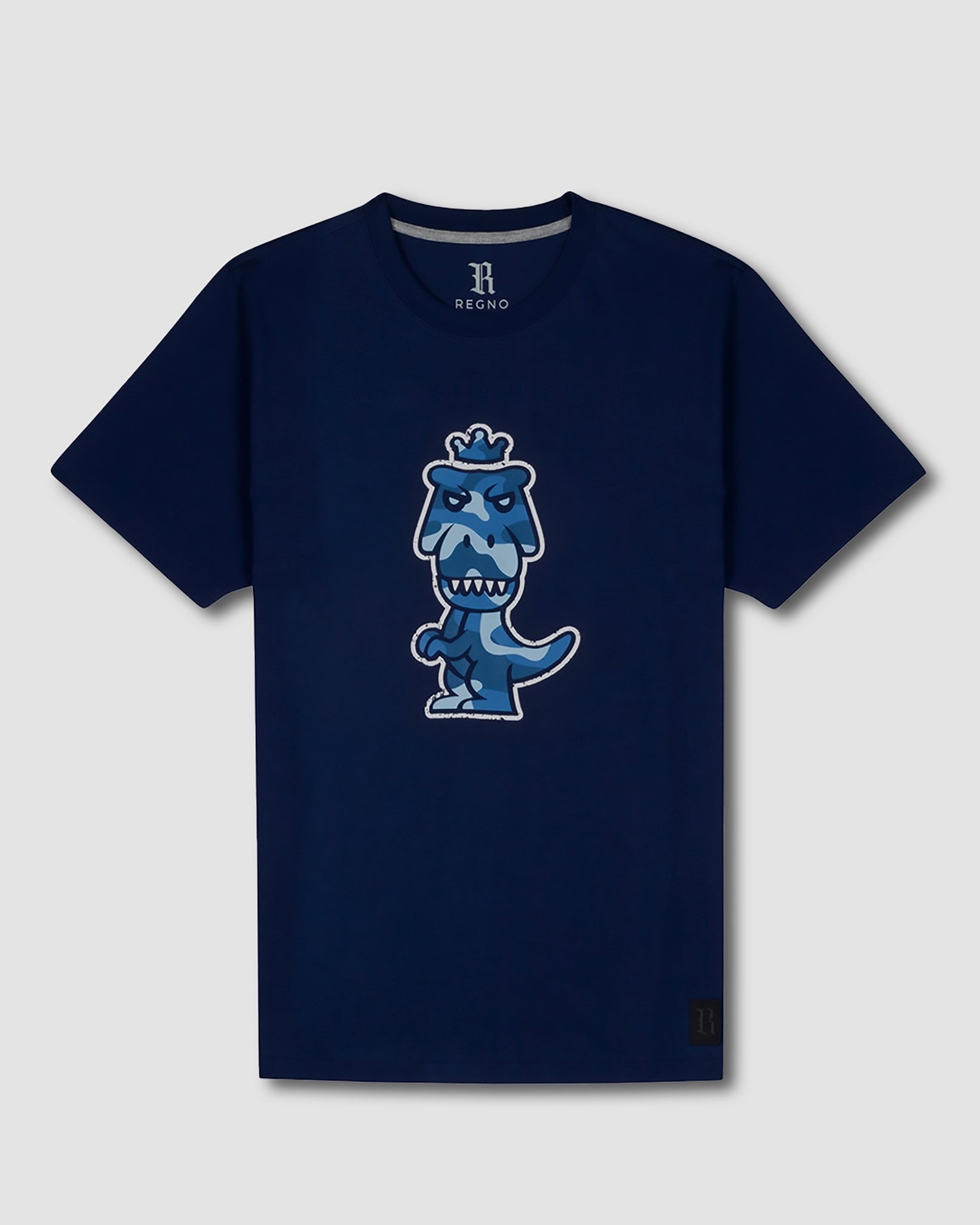 Navy blue Regno T-Rex Aeris pima cotton t-shirt with luxury blue camo T-Rex graphic, product flat lay