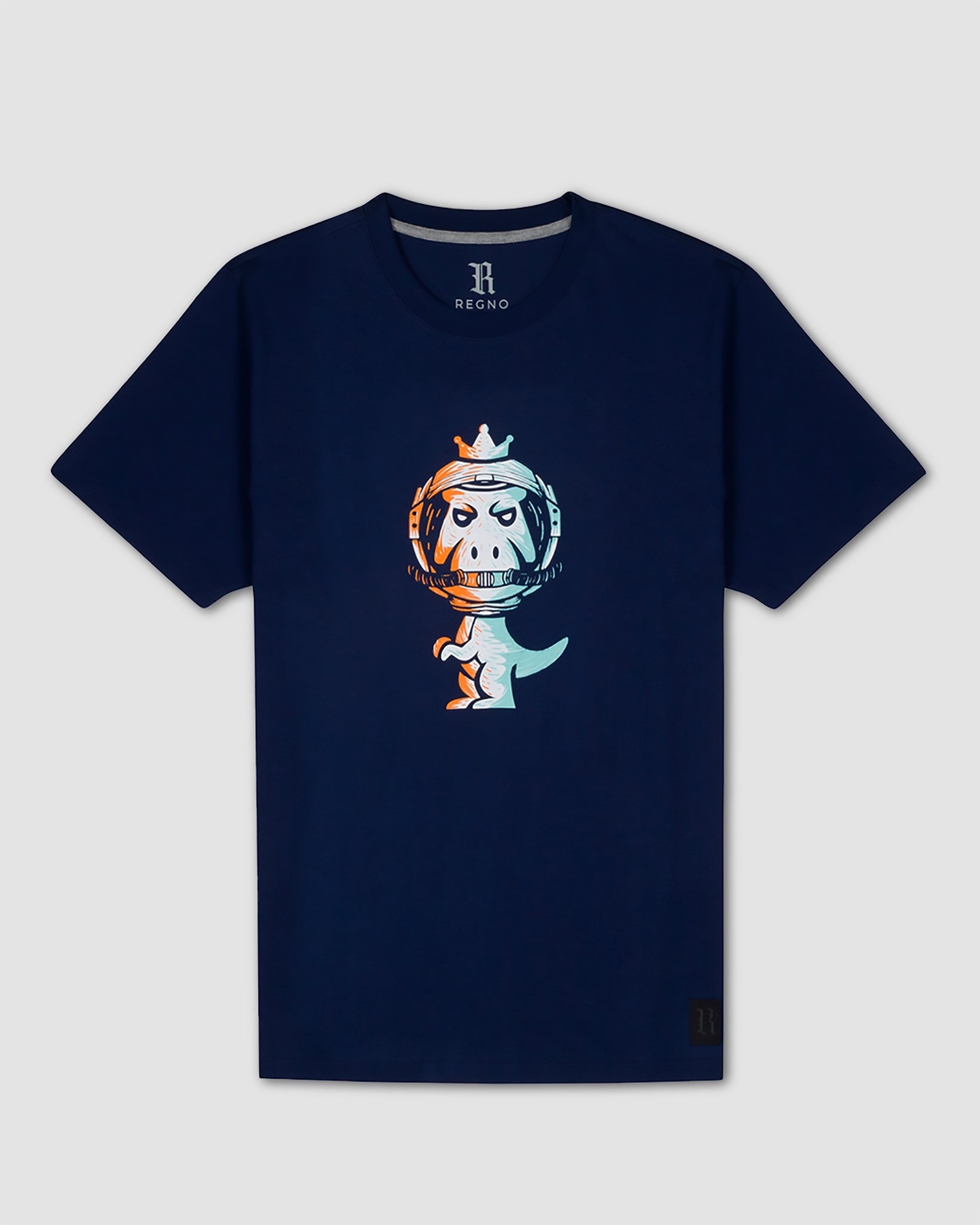 Navy blue Regno T-Rex Astro pima cotton t-shirt with cosmic orange white and blue astronaut T-Rex graphic, product flat lay