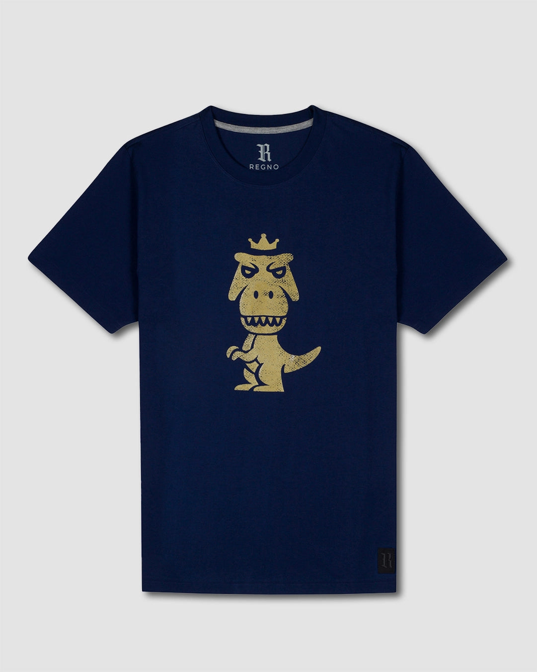 Navy blue Regno T-Rex Aurum pima cotton t-shirt with vintage gold T-Rex graphic, product flat lay
