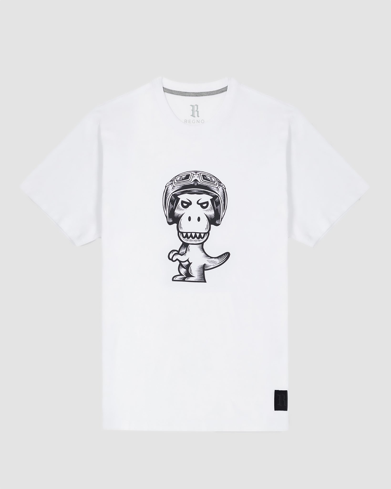 White Regno T-Rex Birota pima cotton t-shirt with black racing helmet T-Rex graphic, product flat lay