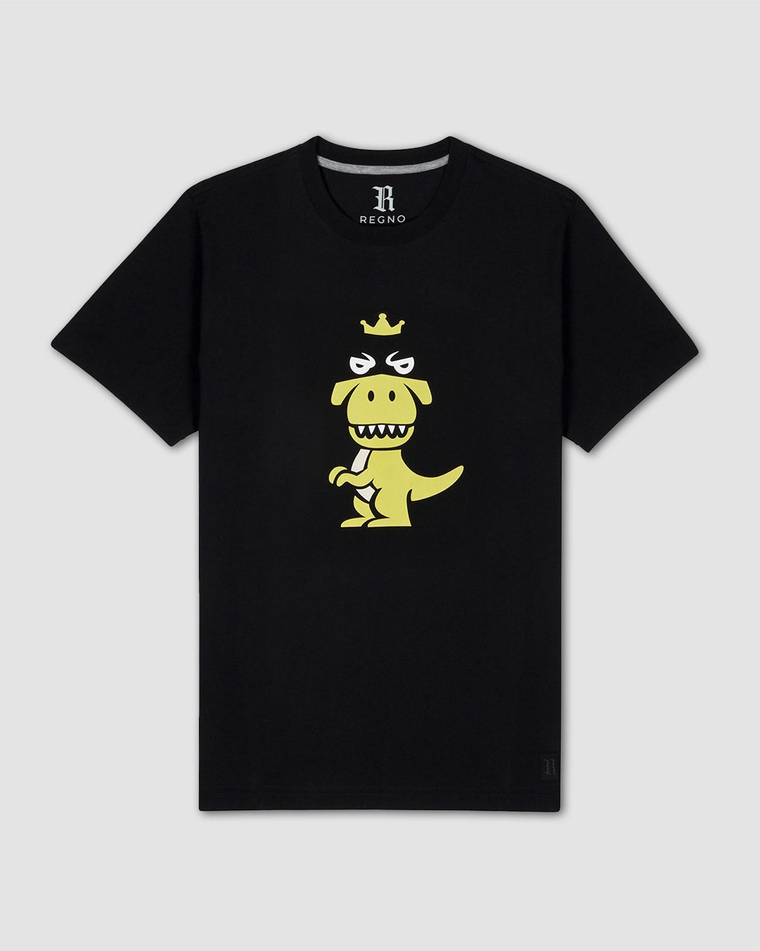 Black Regno T-Rex Latro pima cotton t-shirt with lime green T-Rex graphic and black stripe, product flat lay
