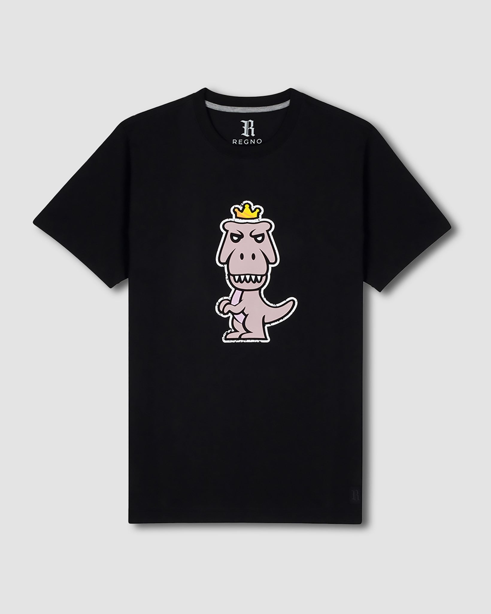 Black Regno Nudus T-Rex pima cotton luxury tee with minimalist pastel T-Rex graphic, product flat lay