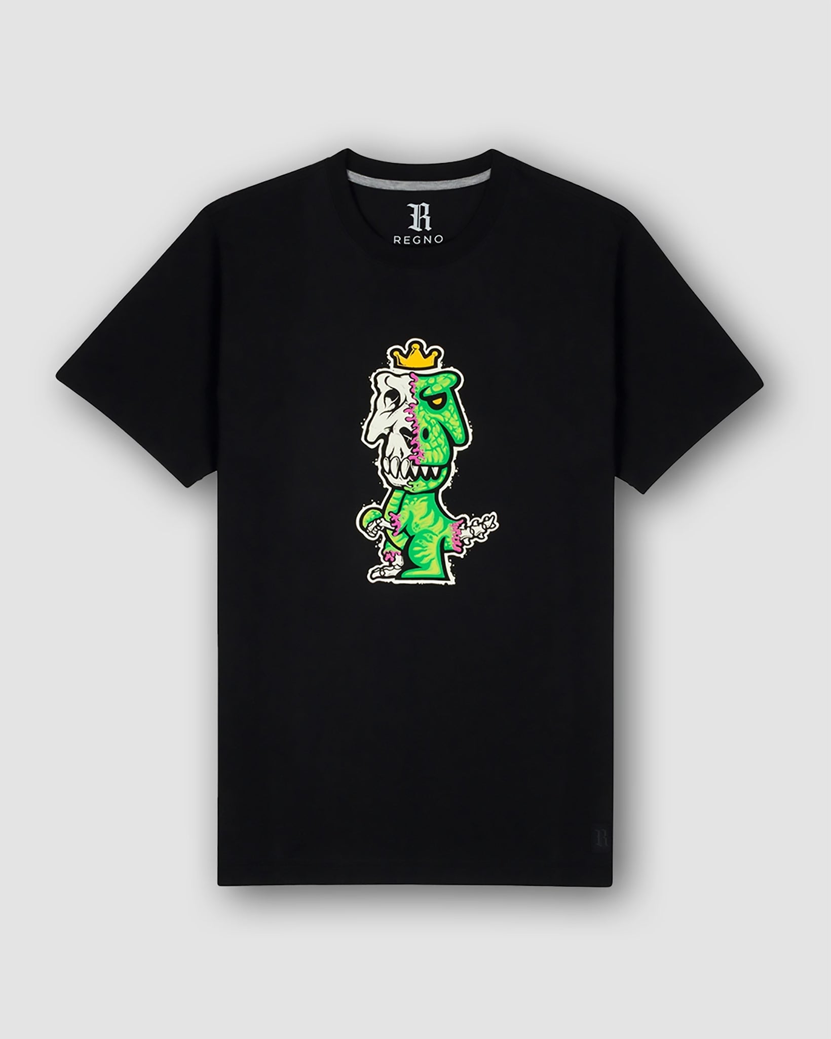 Black Regno T-Rex Osium pima cotton t-shirt with neon green skeleton punk T-Rex graphic, product flat lay