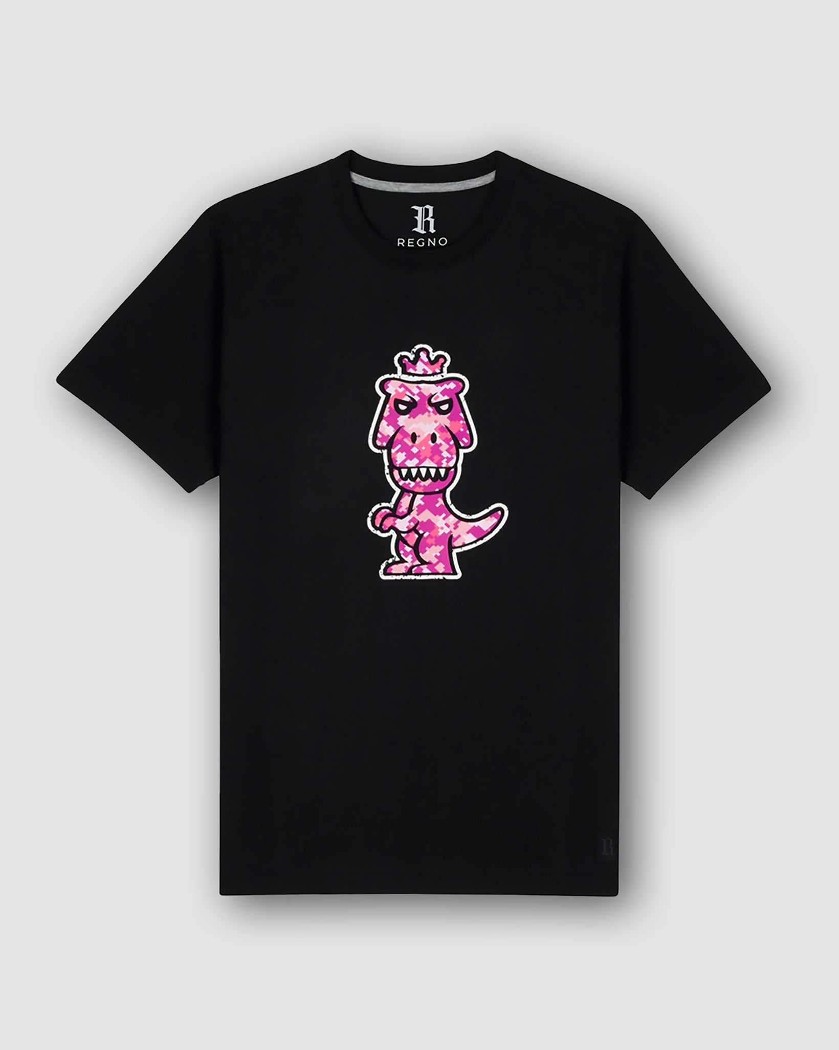 Black Regno T-Rex Rubesco pima cotton t-shirt with pink pixel arcade T-Rex graphic, product flat lay